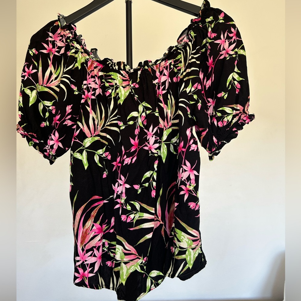 Philosophy Off-Shoulder Black Blouse with Pink and Green Floral Pattern